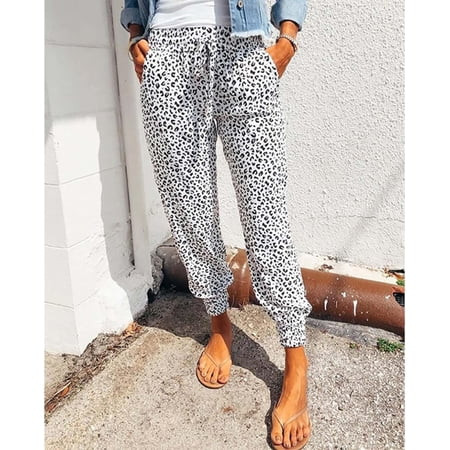 Womens Leopard Drawstring Elastic Waist Sports Cropped Lounge Pants with Pockets | Walmart (US)