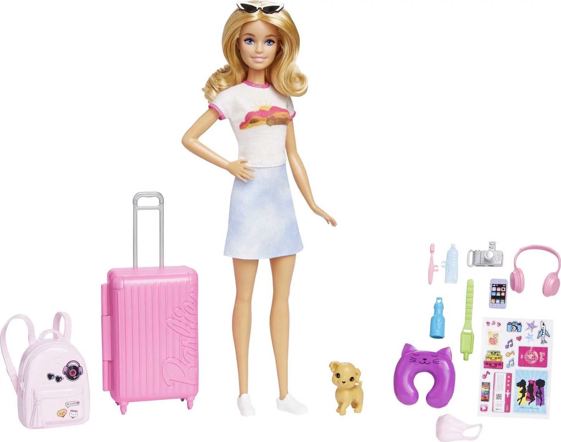 Barbie Malibu Doll & 10+ Accessories, Travel Set with Pink Working Suitcase, Blonde Fashion Doll ... | Walmart (US)