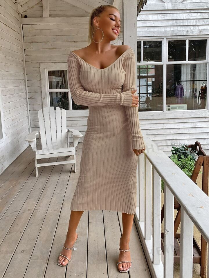 Joyfunear V-neck Ribbed Knit Solid Sweater Bodycon Dress | SHEIN