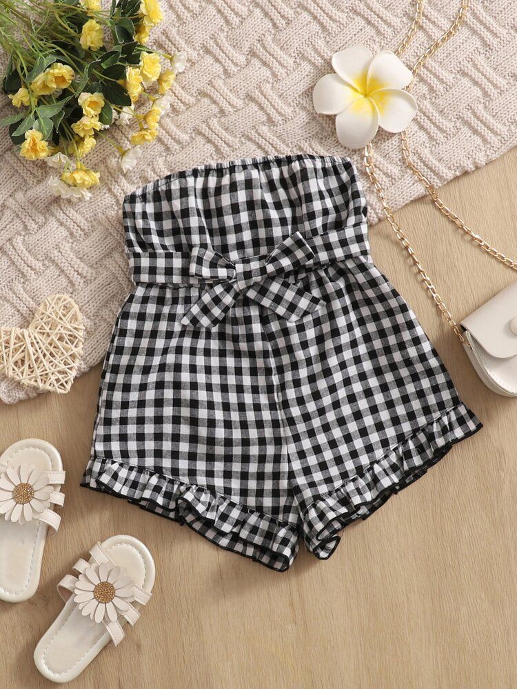SHEIN Baby Gingham Frill Trim Knot Front Tube Romper | SHEIN