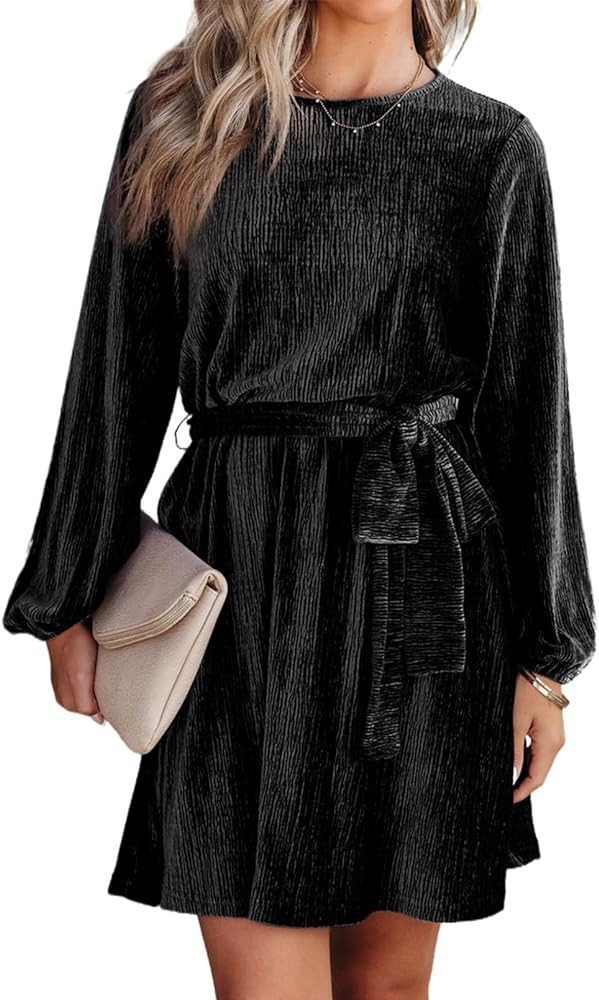 Happy Sailed Women's Velvet Cocktail Dress Fall Fashion Lantern Sleeve High Waist A-Line Skater P... | Amazon (US)