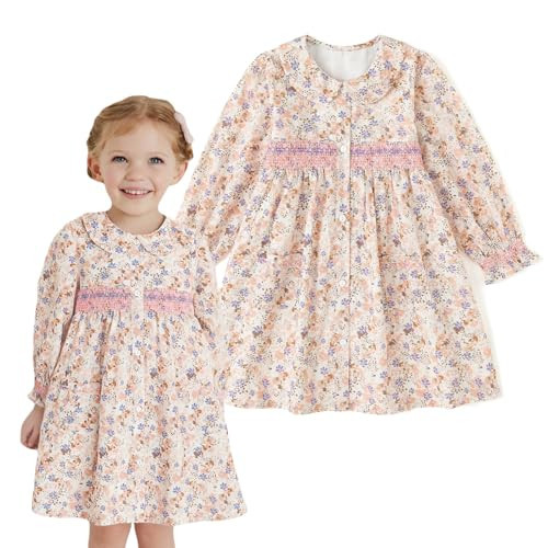 Curipeer Toddler Girl Long Sleeve Smocked Floral Dress Little Girls Cotton Pink Floral Smocked Dress in Fall and Spring Pink 4T | Amazon (US)