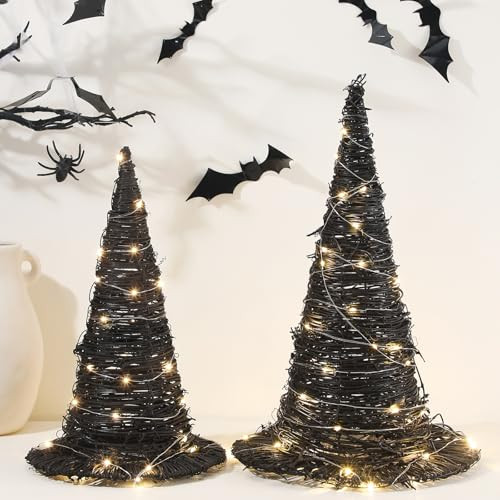 Leinuosen 2 Pcs Halloween Rattan Witch Hat Decor with String Lights Wicker Wizard Hats Woven Witch Hat for Indoor Outdoor Halloween Party Supplies Home Bedroom Garden Patio Backyard Decoration(Black) | Amazon (US)