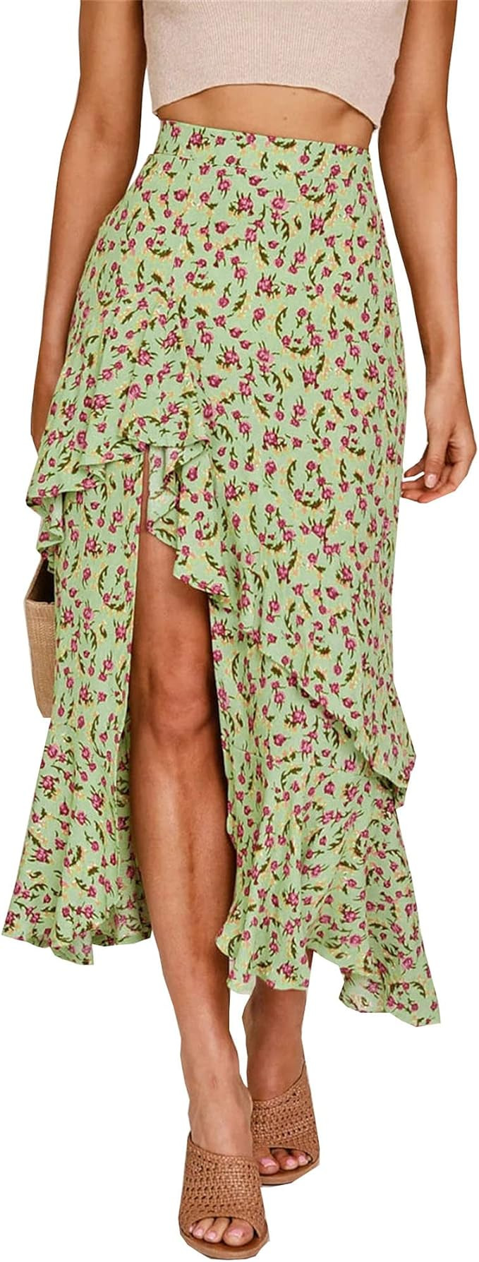 BTFBM Women 2026 Spring Summer Long Skirts Dress Boho Floral Elastic Waist Split Ruffle High Low ... | Amazon (US)