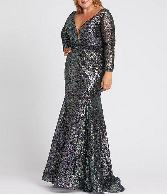 Plus Size V-Neck Long Sleeve Multicolor Sequin Mermaid Gown | Dillards