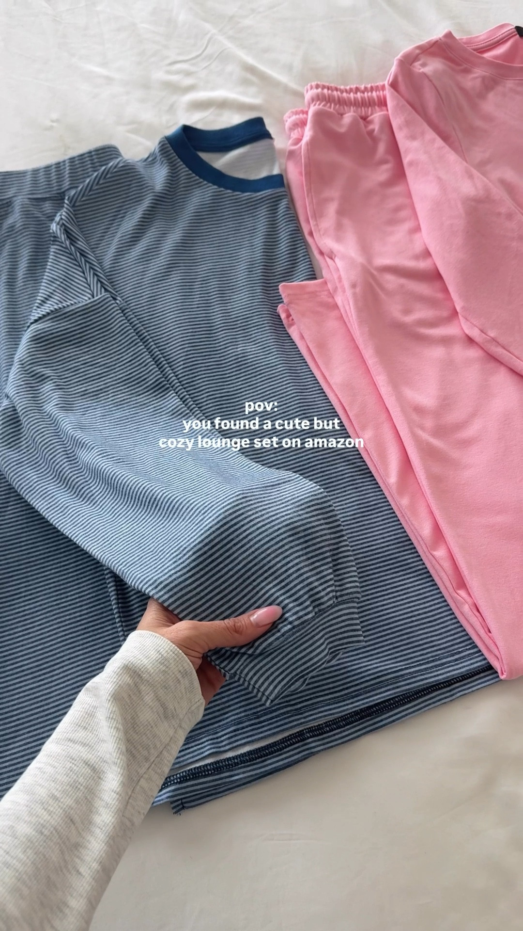 Small in grey lounge set 
Medium in stripe lounge set 
Small in pink set 

Amazon lounge set, stripe set, Amazon fashion finds 

#LTKSaleAlert #LTKOver40 #LTKmomlife