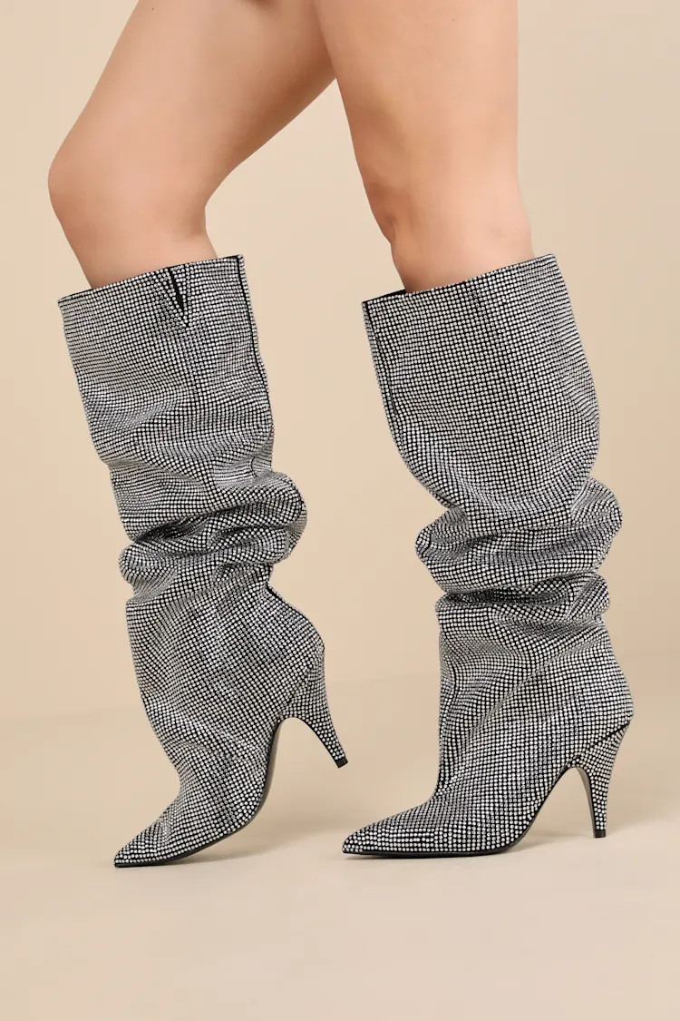 Bellamie-R Black Rhinestone Pointed-Toe Knee-High Boots | Lulus