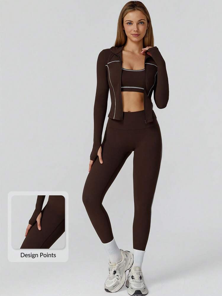 MASKERT Traje De Mujer Con Abrigo De Patchwork, Ropa De Yoga Para Mujeres, Ropa Deportiva, Ropa De Fitness, Pantalones Largos Elásticos De Patchwork, Traje De Running Ajustado, Suave Y Cómodo Para El Ocio En Casa | SHEIN