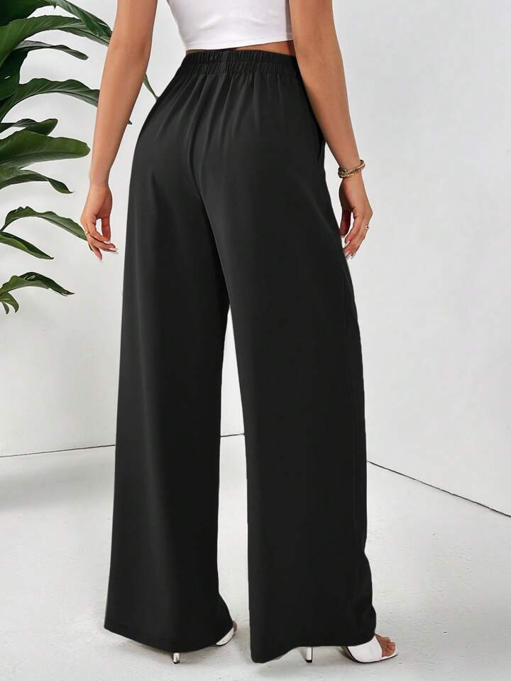 SHEIN Essnce Plus Size Women's Spring And Summer Fashion Casual Loose Comfortable Cool Daily Basic Apricot Elastic Waist Wide Leg Pants, Minimalist Style,Baggy Pants,Work Pants,European Summer,Vacation,Women Bottom,Business Casual | SHEIN