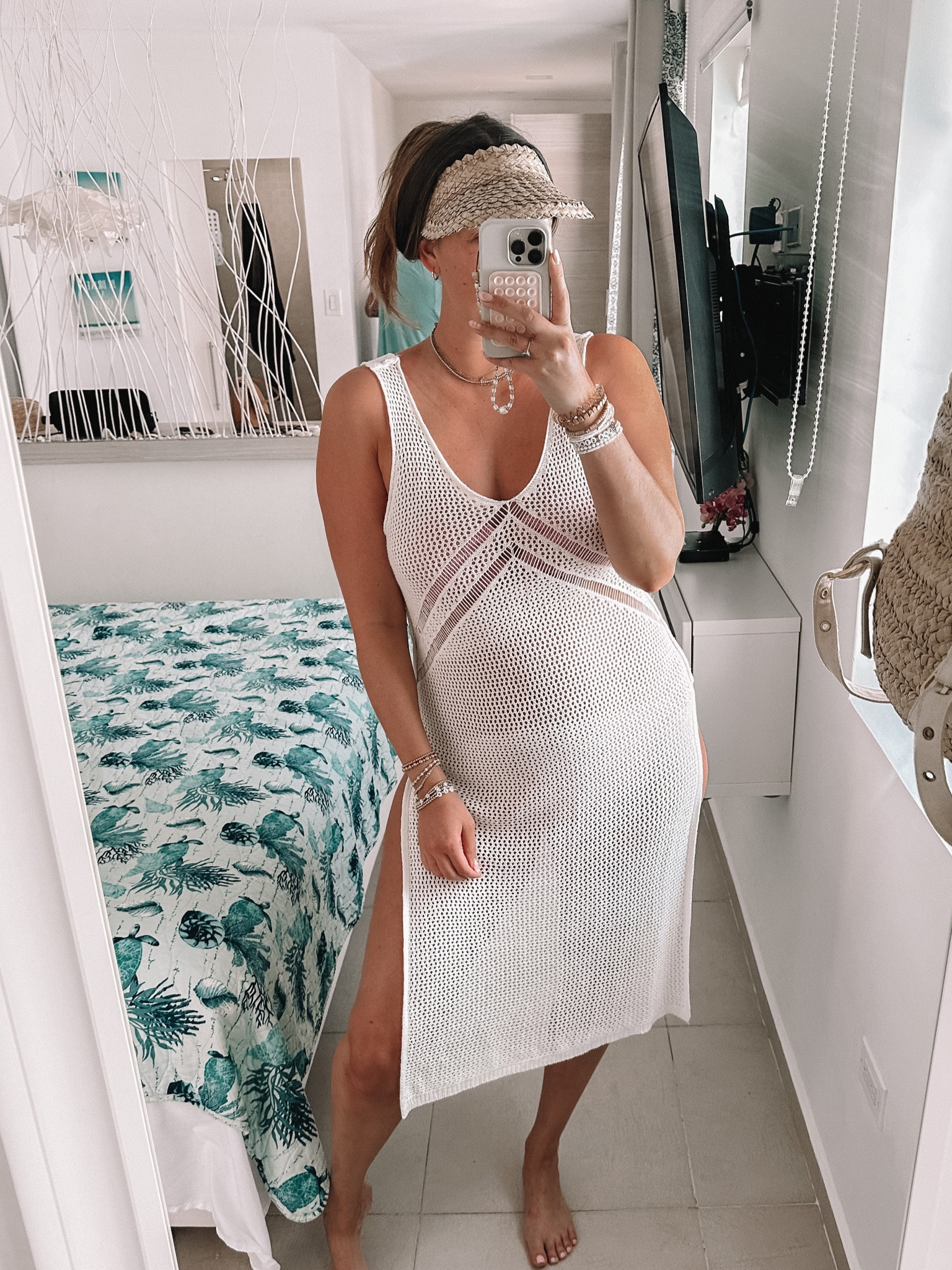 Swimsuit coverup - mesh dress - tts or size up (it’s stretchy). Straw visor 

#LTKFind #LTKstyletip #LTKswim