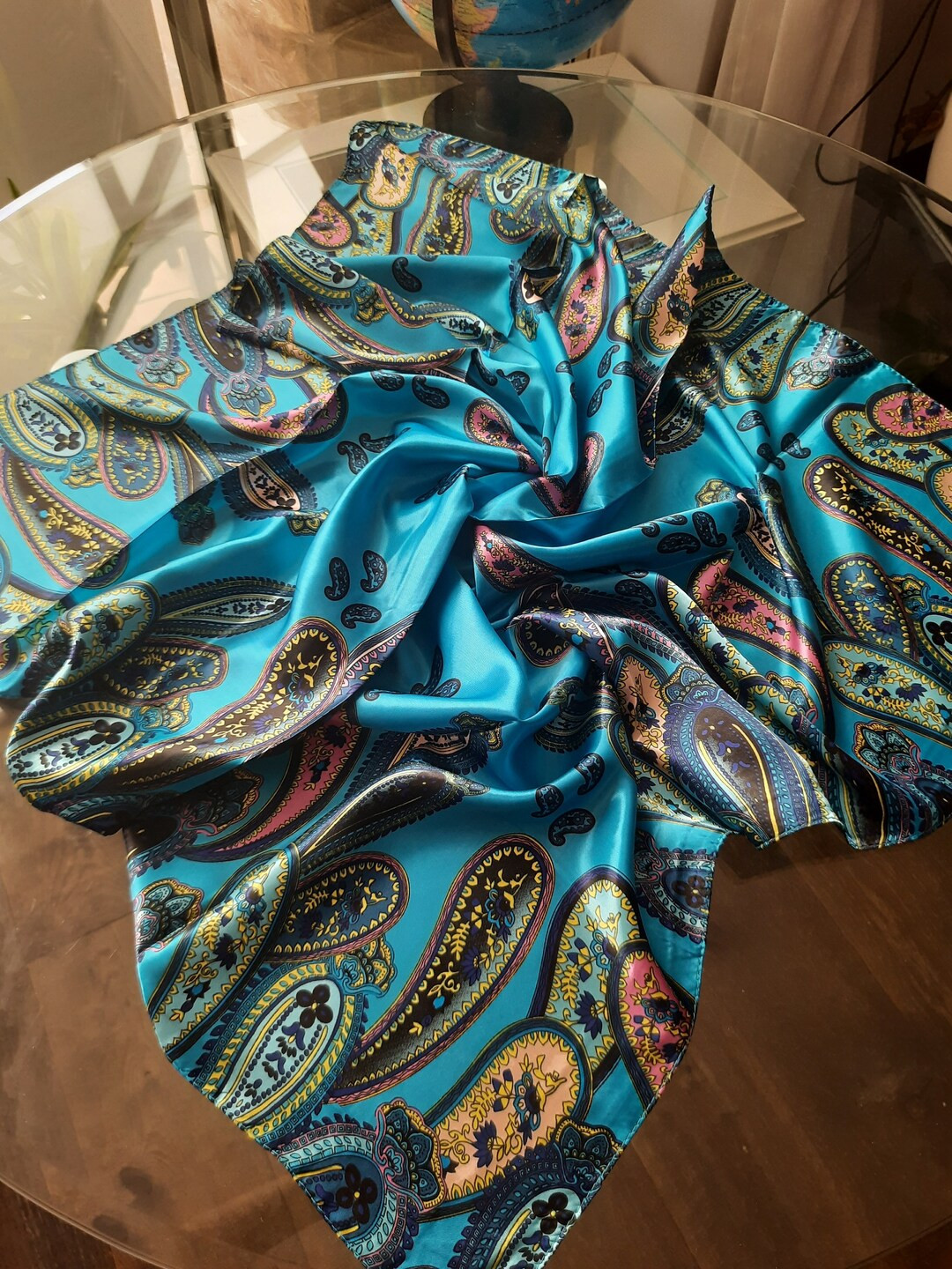 SALE Vibrant Teal Blue Colourful Pattern Yellow Silk Scarf Satin Headwrap - Etsy UK | Etsy (UK)