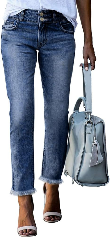 Sidefeel Womens High Waisted Jeans Raw Hem Straight Leg Denim Pants | Amazon (US)