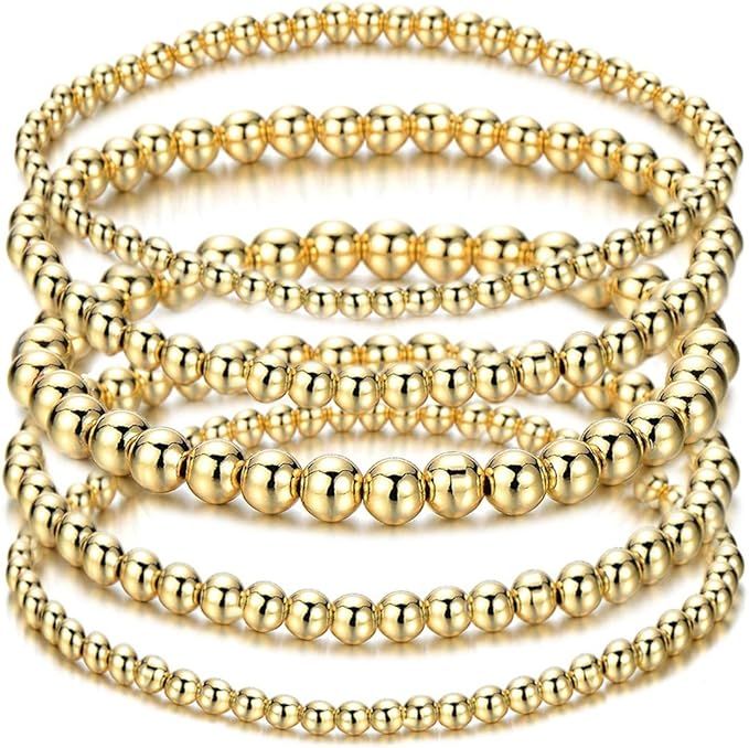 ARATLENCH Gold Beaded Bracelet for Women 14 K Gold Plated Ball Beads Bracelet Stack Stretch Strin... | Amazon (US)
