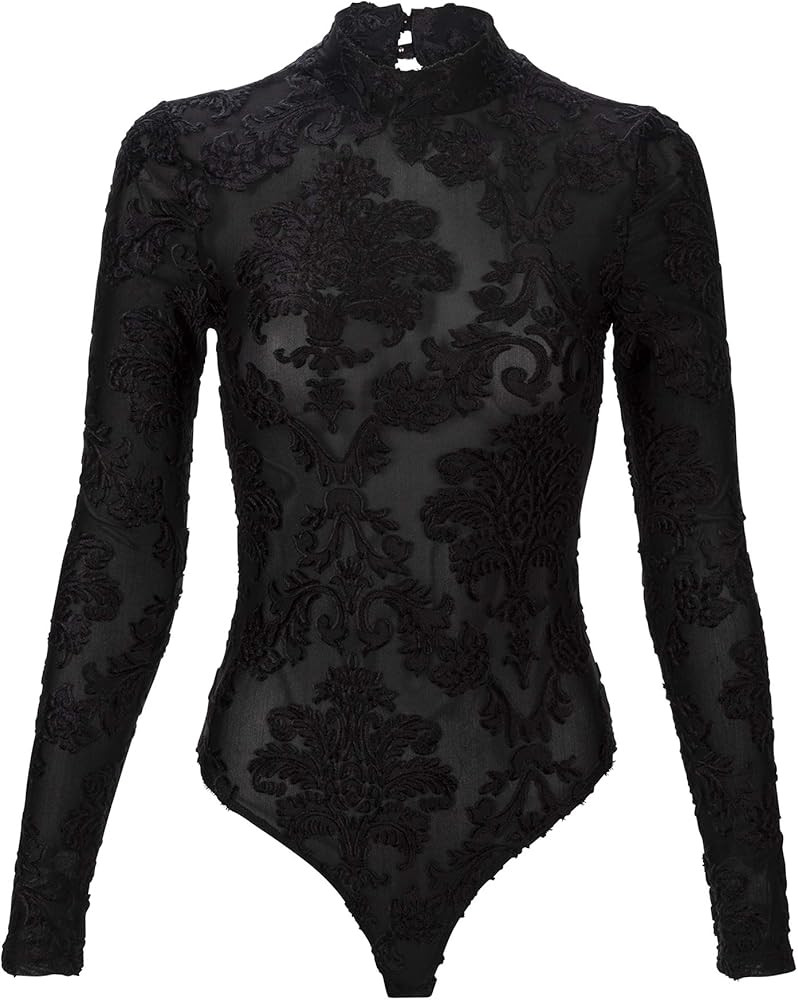 Women's Sheer Long Sleeve Bodysuit with Velvet Brocade Design | Amazon (US)