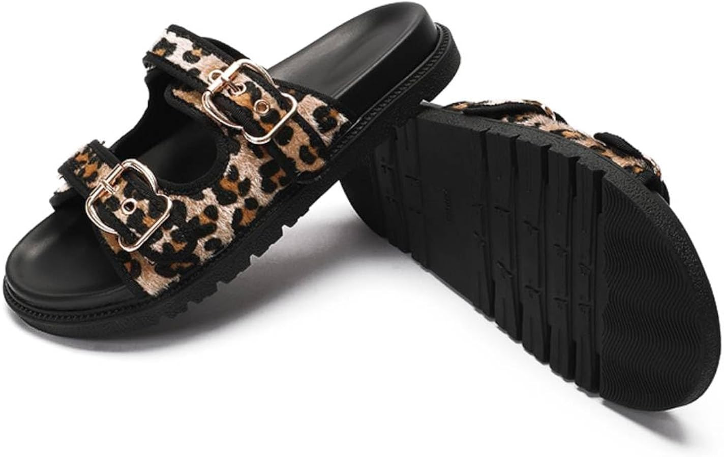 Women's Slides Platform Sandal Leopard Comfort Flat Sandals Adjustable Buckle Sandals Flats Slide... | Amazon (US)