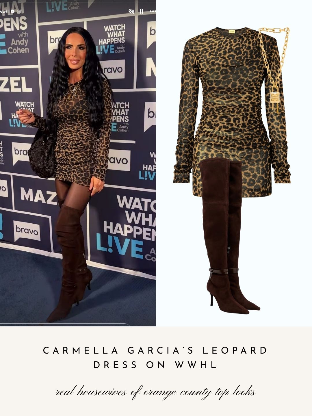 Carmella Garcia's Leopard Dress and Over the Knee Boots on Watch What Happens Live Photo: @BravoWWHL 

 