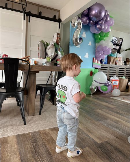 The back of Ollie’s personalized tee for his party 💚💜😍 grabbed him a 2T in this and it was perfect! 

Two infinity and beyond, toy story party, toy story theme 

#LTKkids
