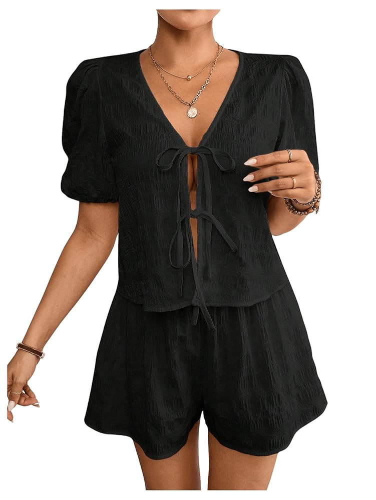 OYOANGLE Women's 2 Piece Outfits Textured Bow Tie Short Sleeve Blouse and Wide Leg Shorts Set | Amazon (US)