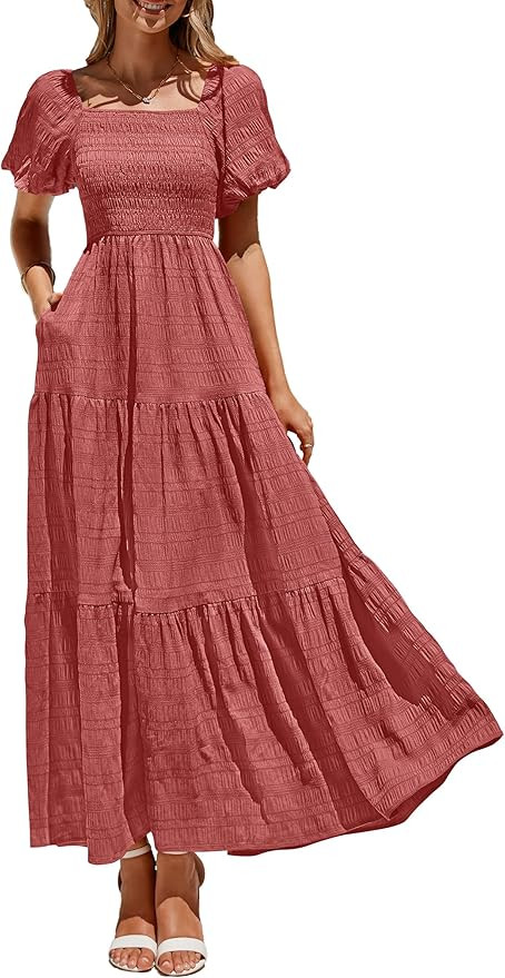 PRETTYGARDEN Womens Summer Puff Short Sleeve Maxi Dress Square Neck Smocked Tiered Ruffle A Line ... | Amazon (US)
