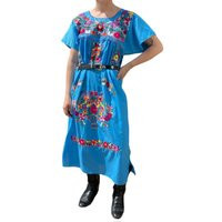 Vintage Womens Blue Cotton Mexican Floral Embroidered Hippie Maxi Dress Sz L | Etsy (US)