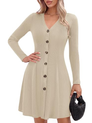 GRACE KARIN Women's V-Neck Ribbed A-Line Mini Cream Fall Sweater Dress M | Amazon (US)