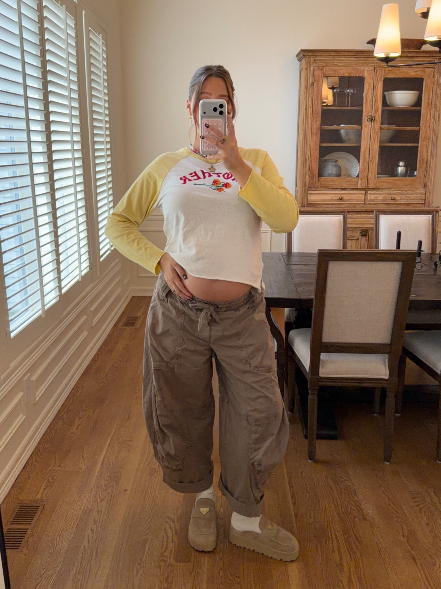 Free people cargo pants size M they run loose and nice stretchy wait band. Size L in mother tshirt runs true to size and arms are 3/4” length fyi! 

#bresheppard #bumpstyle #mother #freepeoplr

#LTKBaby