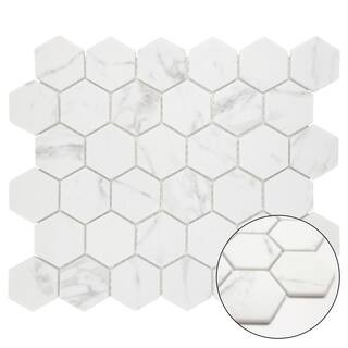 sunwings Hexagon white calacatta 11.7" x 10.2" mosaic tile. Recycled glass marble looks... | The Home Depot