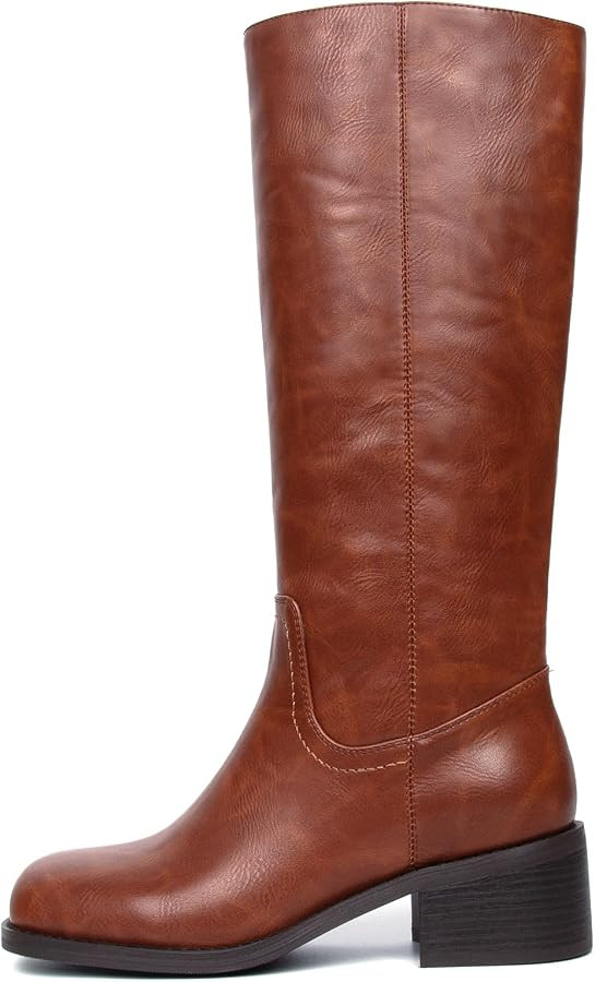 Knee High Boots Women Square Toe Chunky Block Heel Banana Campus Boot Wide Calf Comfortable Low H... | Amazon (US)
