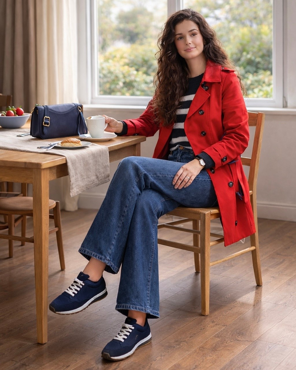 Casual chic outfit built around a black sweater with ivory stripes and high-waisted blue wide-leg jeans, layered with a bright red trench-style jacket for a bold pop of color. Styled with navy sneakers, a navy crossbody bag with gold hardware, and a navy strap watch for an easy everyday look with contrast.

#popofred #springstyle #everydaychic

#LTKOver40 #LTKSeasonal #LTKootd