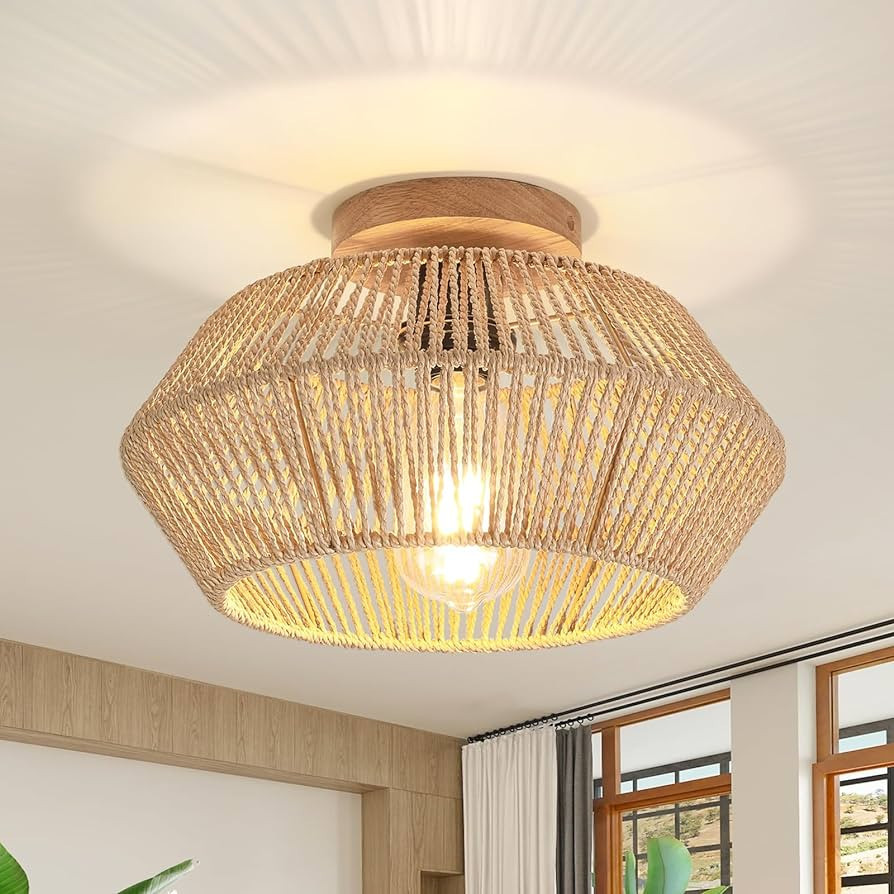 DESGNT Woven Rattan Ceiling Light Fixtures,Boho Semi Flush Mount Ceiling Light,Hand-Woven Cage Na... | Amazon (US)