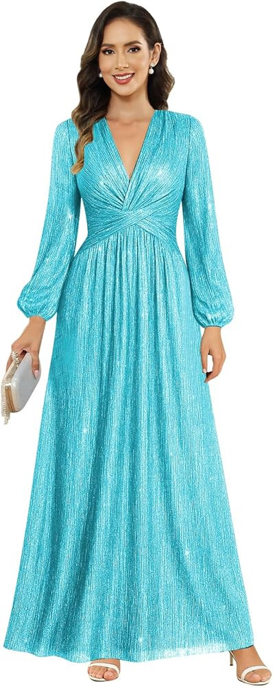 Women's V Neck A-Line Formal Wedding Guest Dresses Long Lantern Sleeves Floor Length Glitter Even... | Amazon (US)