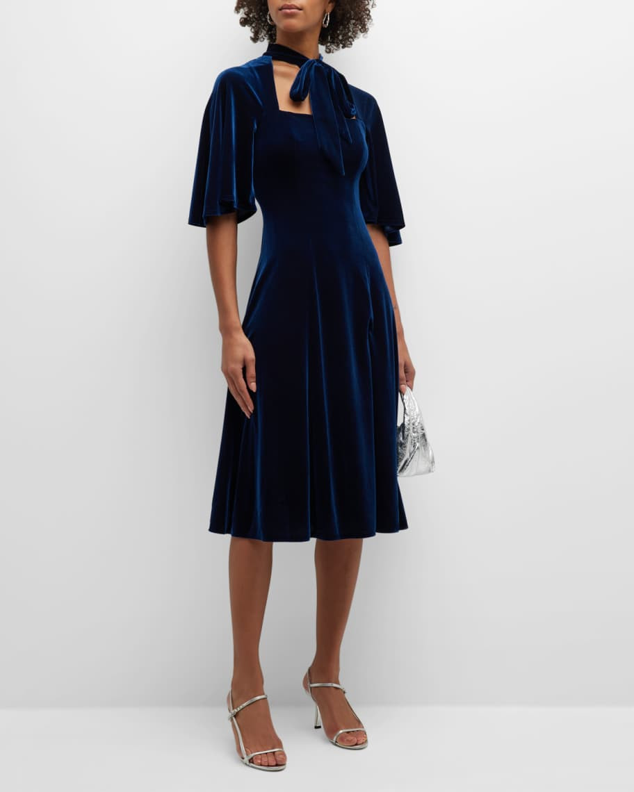 Black Halo Coralia Flutter-Sleeve Velvet Midi Dress | Neiman Marcus