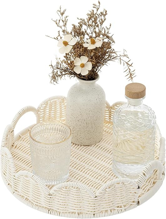 GRANNY SAYS Wicker Decorative Scalloped Trays for Home Decor, Coffee Table Trays with Handles, Wo... | Amazon (US)