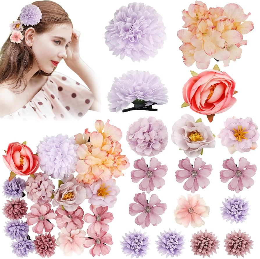Purple Flower Hair Clips Hawaiian Realistic Bohemian Flower Hair Clips 16 Pcs Hawaii Boho Clips A... | Amazon (US)