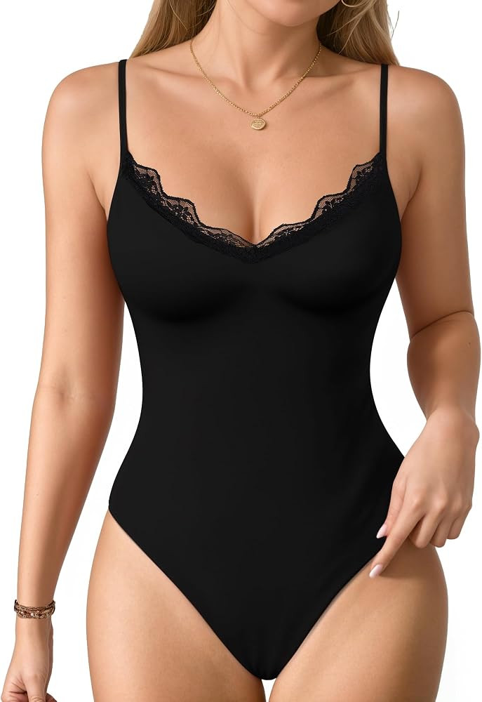 MANGOPOP Women's V Neck Double Lined Adjustable Cami Bodysuit | Amazon (US)