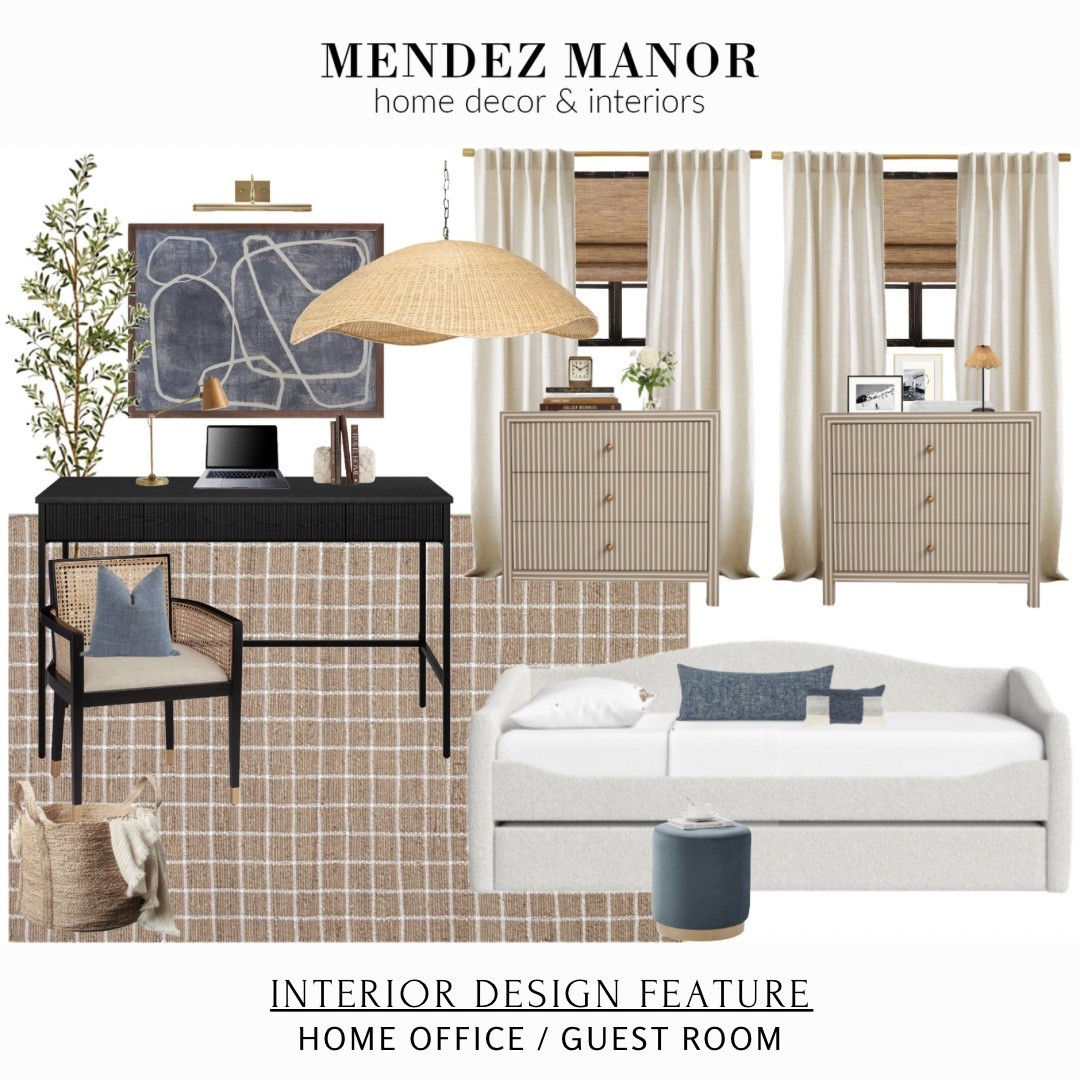 ✨ Home Office + Guest Room Design ✨

Creating a dual-purpose space that’s both stylish and functional! 

This setup blends warm neutrals, natural textures, and timeless details — perfect for working by day and hosting by night.

🪶 Key pieces:
– Textured rattan pendant for organic warmth

– Black cane desk + accent chair for contrast

– Soft boucle daybed with trundle for guests

– Woven shades + neutral drapery for layered coziness

– Matching dressers for extra storage

This look is ideal for anyone designing a modern transitional home office or guest bedroom.
Shop all the pieces below to recreate this elevated neutral space — and if you need help pulling your own room together, explore my flat-rate virtual design packages at mendezmanor.com.

#HomeOfficeDesign #GuestRoomIdeas #HomeOfficeGoals #LTKHome #NeutralHomeDecor #ModernTransitional #RattanLighting #BoucleFurniture #CaneChair #WovenDecor #MendezManorStyle

#LTKStyleTip #LTKHome #LTKSaleAlert