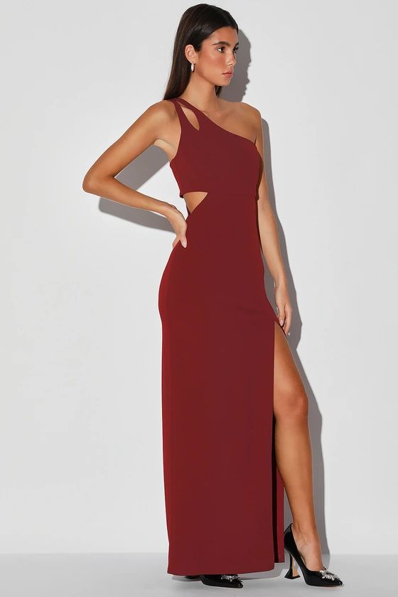 Simply Beautiful Burgundy One-Shoulder Cutout Maxi Dress | Lulus (US)