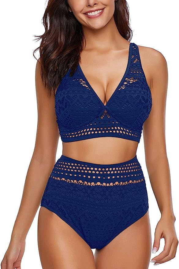 luvamia Women's Two Pieces Crochet Lace High Waist V Neck Bikini Set Swimsuit | Amazon (US)