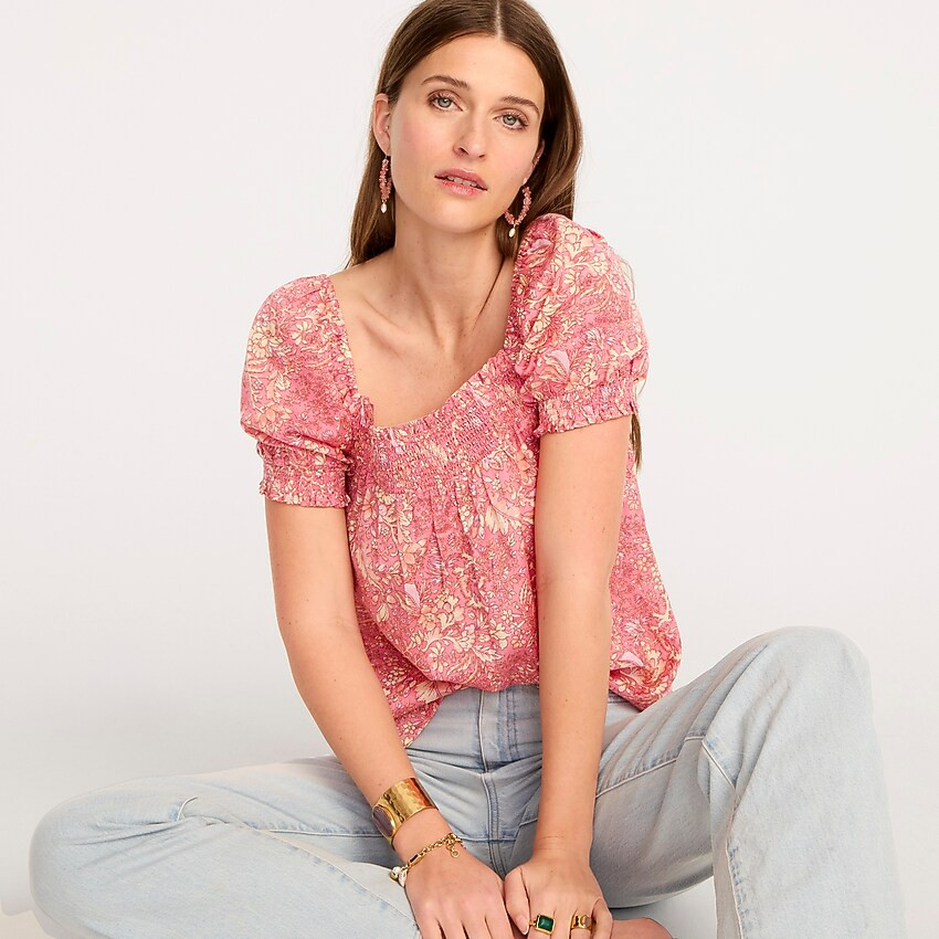Squareneck puff-sleeve cotton voile top in bouquet block print | J. Crew US