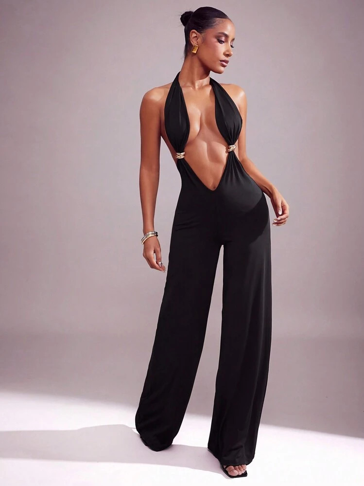 Hauture Halter Plunge Neck Backless Wide Leg Jumpsuit, Party Outfit | SHEIN