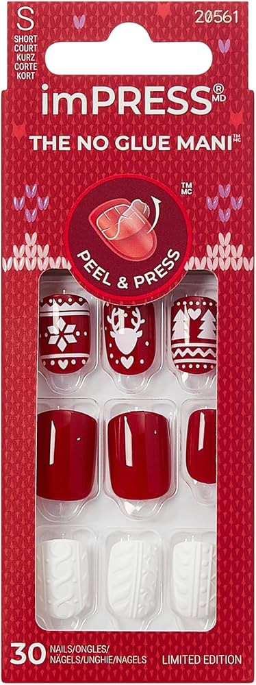 KISS imPRESS Holiday Press On Nails, ‘Feelin' Festive’, Red, Short Squoval, 3D Effect, Improv... | Amazon (US)