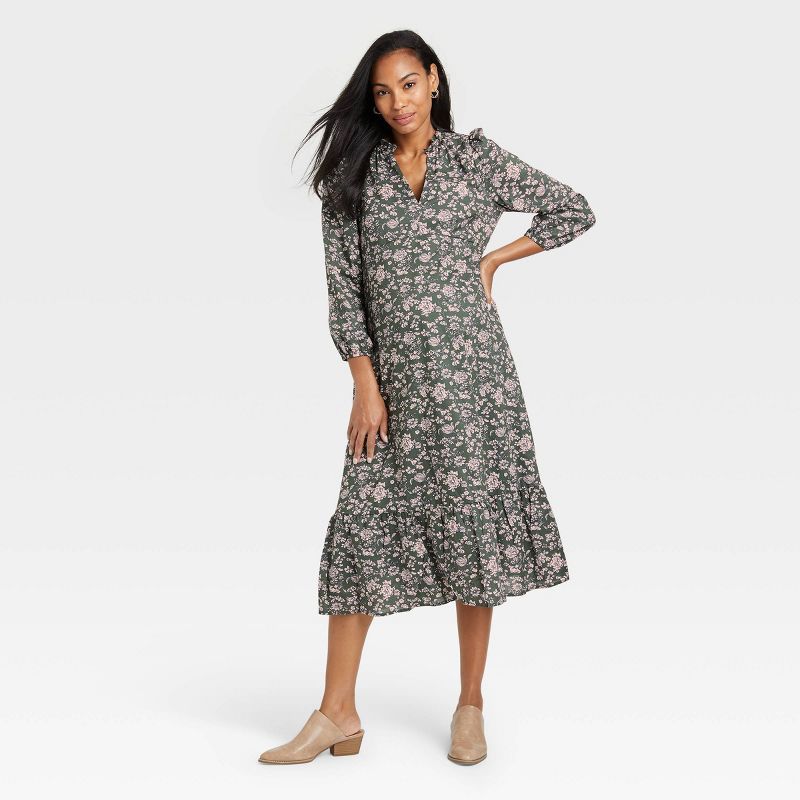 The Nines by HATCH&#8482; 3/4 Sleeve Tiered Maternity Dress - Olive Green Floral S | Target