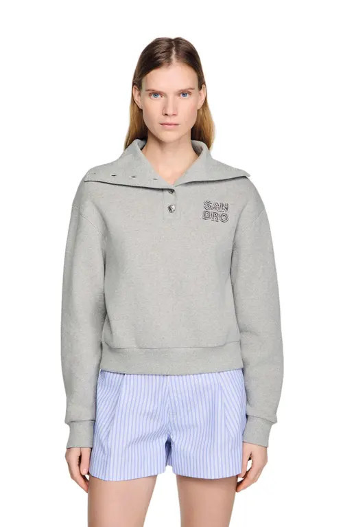 SANDRO Embroidered split neck sweatshirt in Grey at Nordstrom, Size Small | Nordstrom