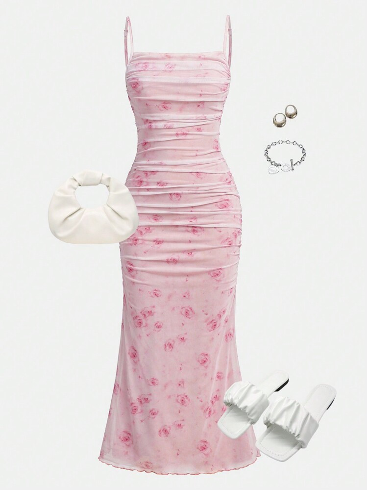 SHEIN Teen Girl Summer Elegant Floral Print Mesh Ruffle Cami Dress | SHEIN