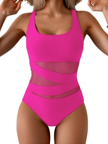 B2prity Women's Mesh One Piece Swimsuit Tummy Control Sexy Bathing Suit Push Up Swim Suit Slimming Swimwear Hot Pink | Amazon (US)