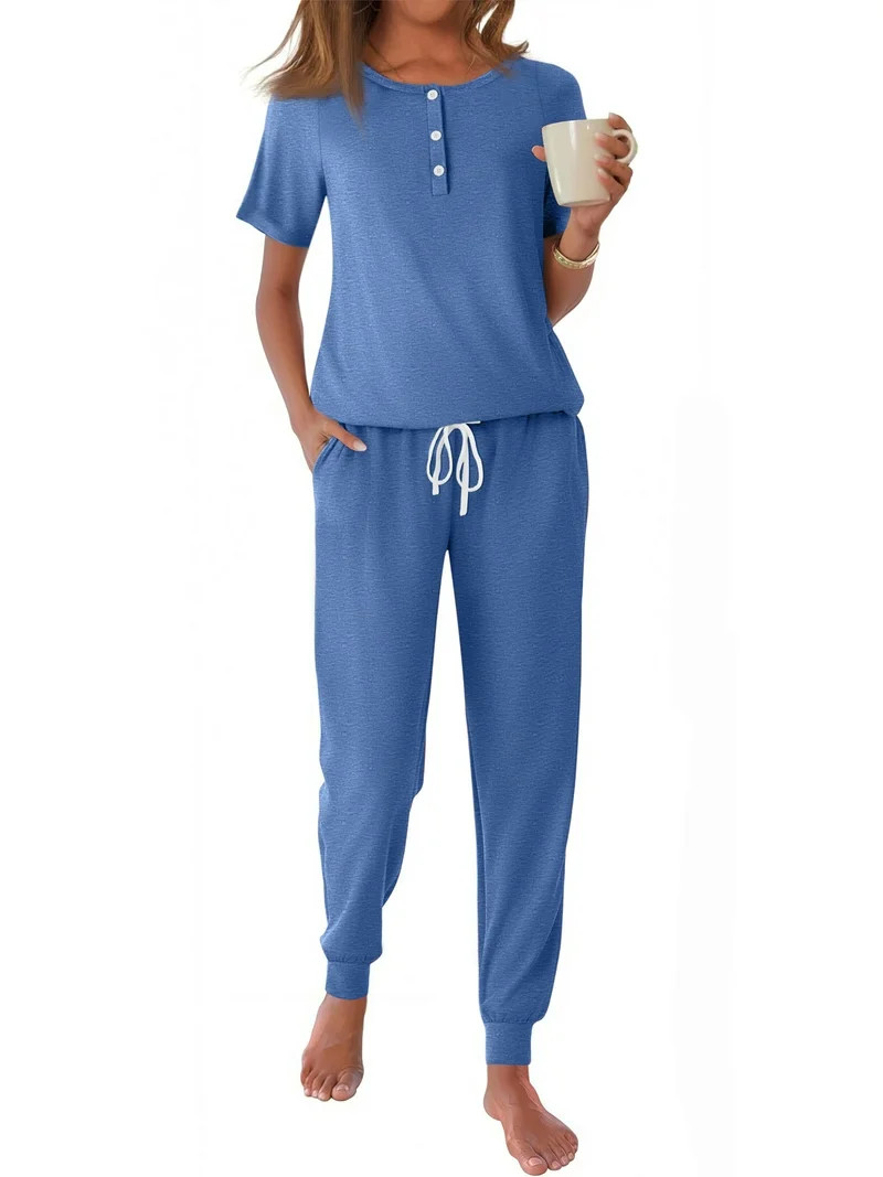 Fantaslook Pajamas Sets for Women Short Sleeve Henley Shirt And Pants With Drawstring Casual Loun... | Walmart (US)