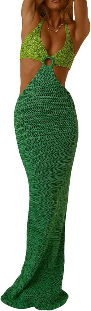 NUFIWI Womens Sexy Knitted Cut Out Spaghetti Strap Long Dresses Halter Neck Backless Maxi Dress C... | Amazon (US)