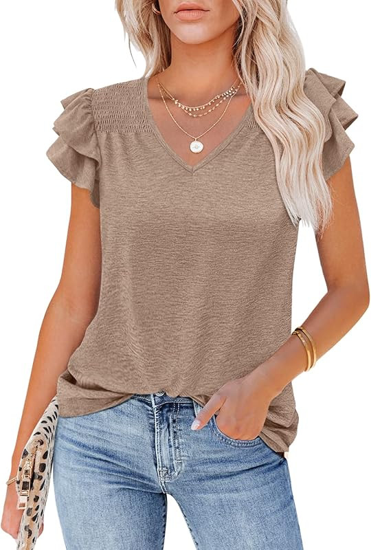 MIHOLL Women's Summer Top V Neck Ruffle Short Sleeve Casual Loose Tee T-Shirts | Amazon (US)