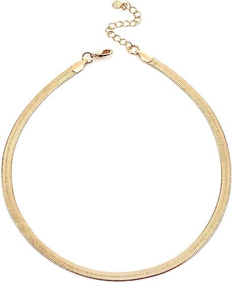 14K Gold Dainty Herringbone/Satellite Chain Choker Necklace Fashion Jewelry for Women Girls 16'' | Amazon (US)