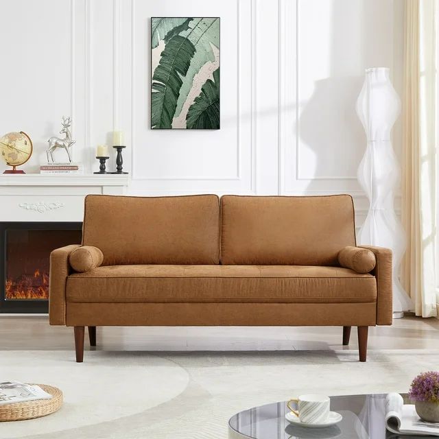 Homfa 2 Seat Leather Sofa with 2 Pillow, 57.5" Mid-Century Modern Loveseat Sofa Upholstered Tufte... | Walmart (US)